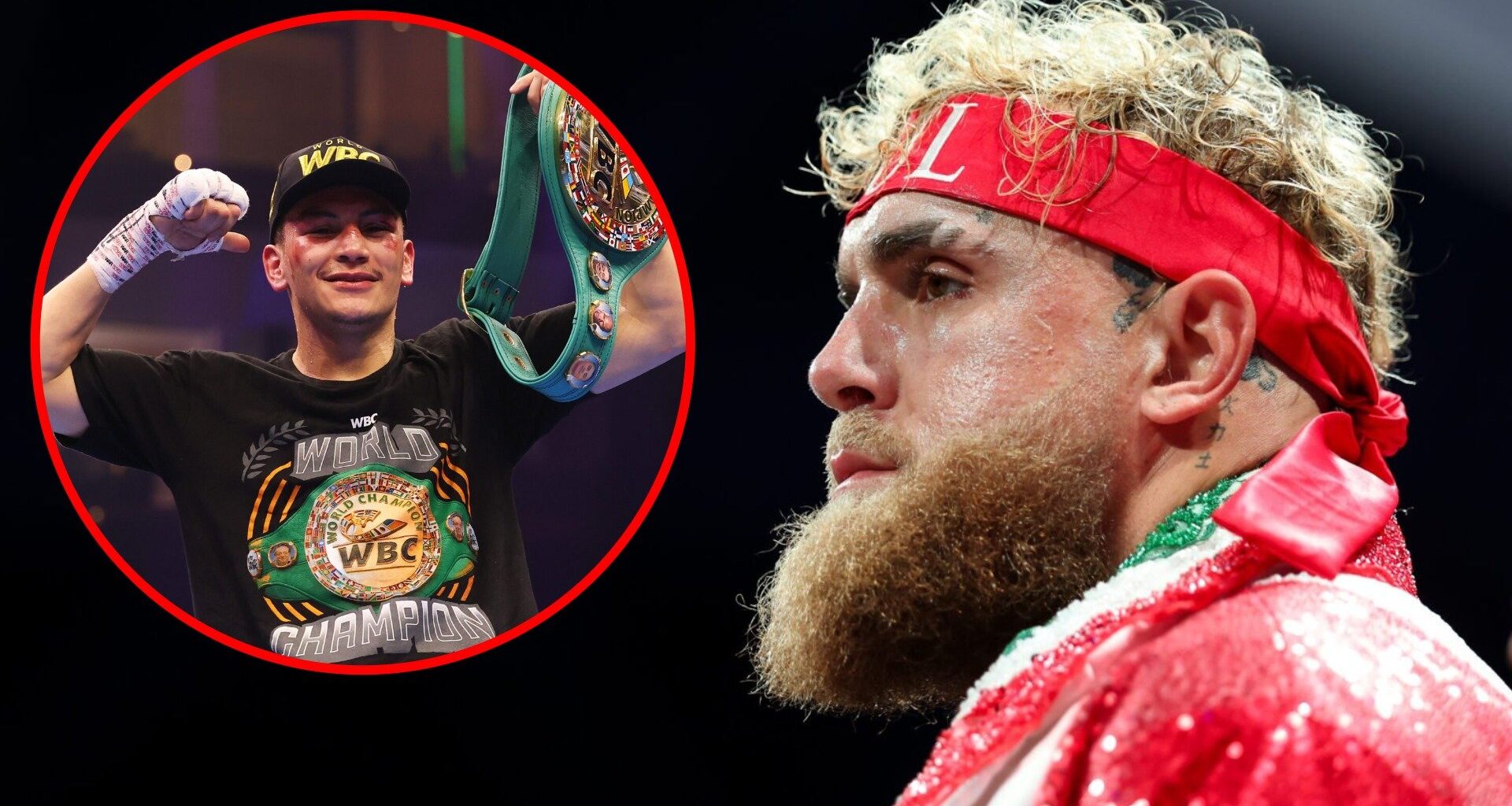 Jake Paul before his fight with Julio Cesar Chavez Jr., inset Vergil Ortiz Jr. celebrates beating VIsrail Madrimov.