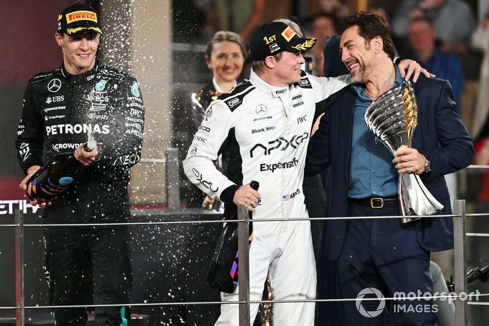 Brad Pitt and Javier Bardem film a scene for the F1 movie