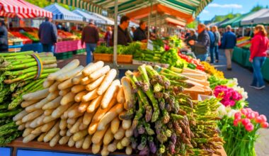 Illustration of Germany's asparagus season with white and green asparagus. Image generated by AI.