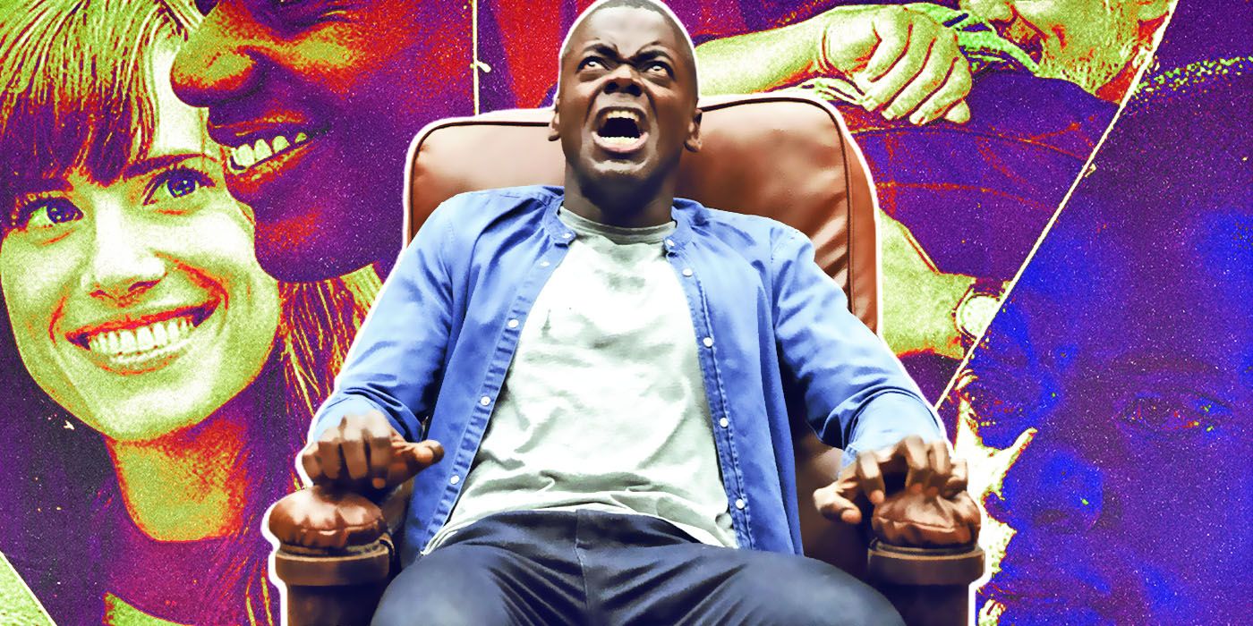 Daniel Kaluuya's Chris in a chair screaming in front of a collage of stills featuring the Armitage family from Get Out.