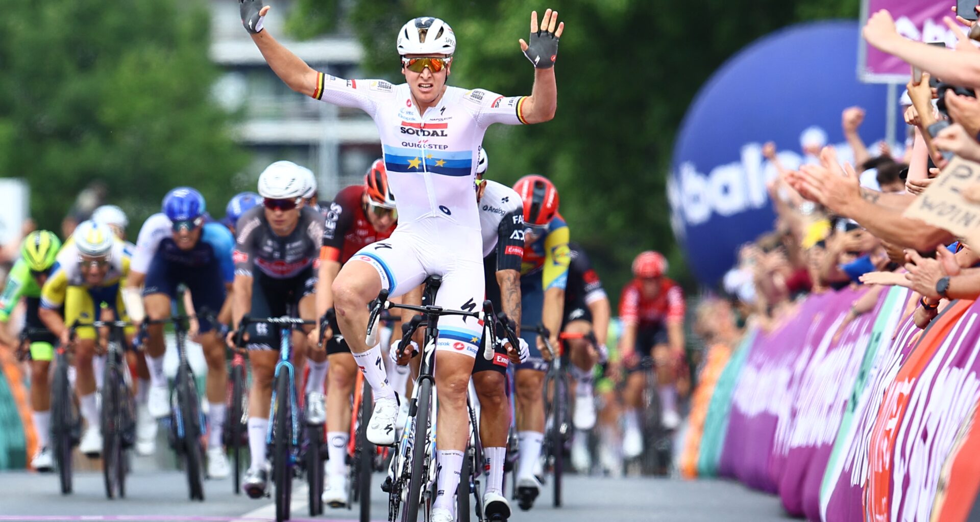 Tim Merlier celebrates his second stage win at the Baloise Belgium Tour