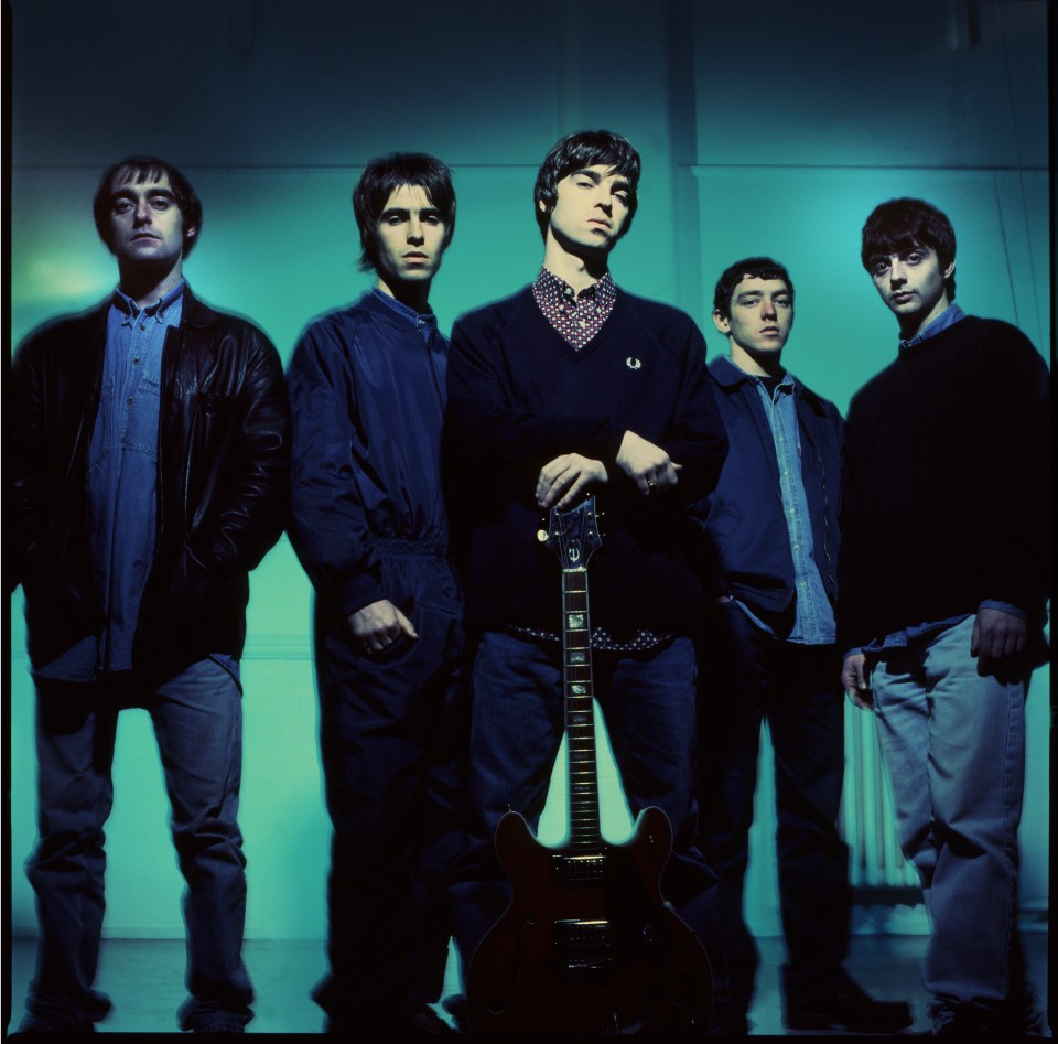 Group portrait of the British rock band Oasis.