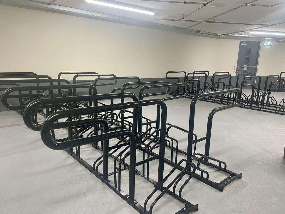 ‘High-low’ cycle stands in Park Street cycle park, Cambridge