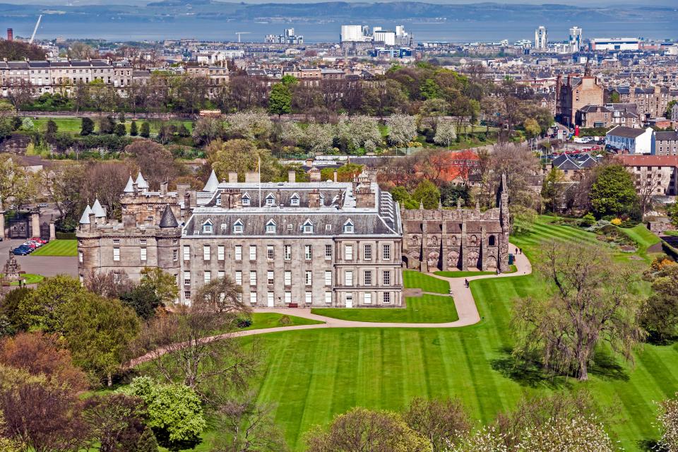 Aerial view of the Palace of Holyroodhouse in Edinburgh, Scotland.