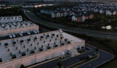 An aerial view of an Amazon Web Services data center in Ashburn, Virginia