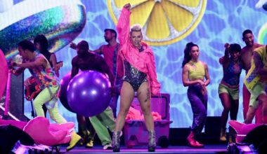 The popstar Pink performs on stage