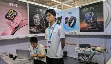 A Chinese watch company employee stands at a trade fair stall in Zhejiang