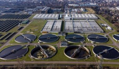 aerial view of the North London sewage treatment works, operated by Thames Water,