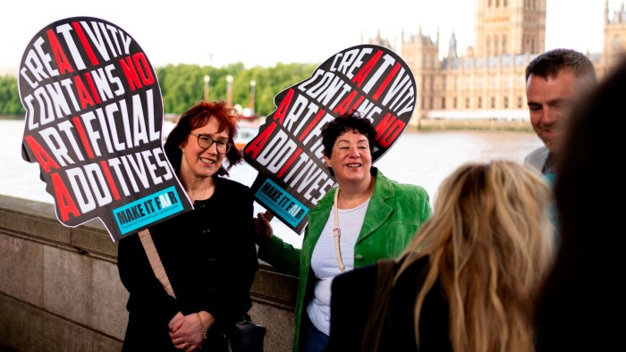 Music creators and politicians take part in a protest in London calling on the UK government to ditch plans to allow tech firms to use their work without payment or permission