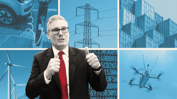Montage shows Sir Keir Starmer against a backdrop of an electric car, a wind farm, an electricity pylon, cargo containers, data on a computer screen and a military drone