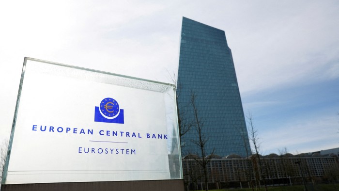 A view shows the logo of the European Central Bank (ECB) outside its headquarters in Frankfurt