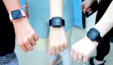 People display their Fitbit watches during a workout