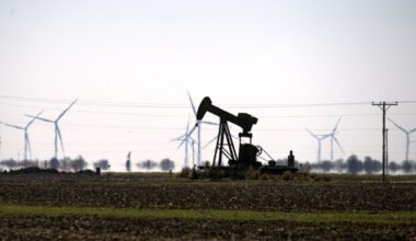 A pump jack and wind turbines in a field in Corpus Christi, Texas
