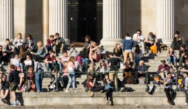 Students sitting on steps at University College London