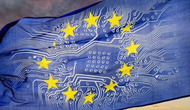 European flag with board in front of dramatic sky