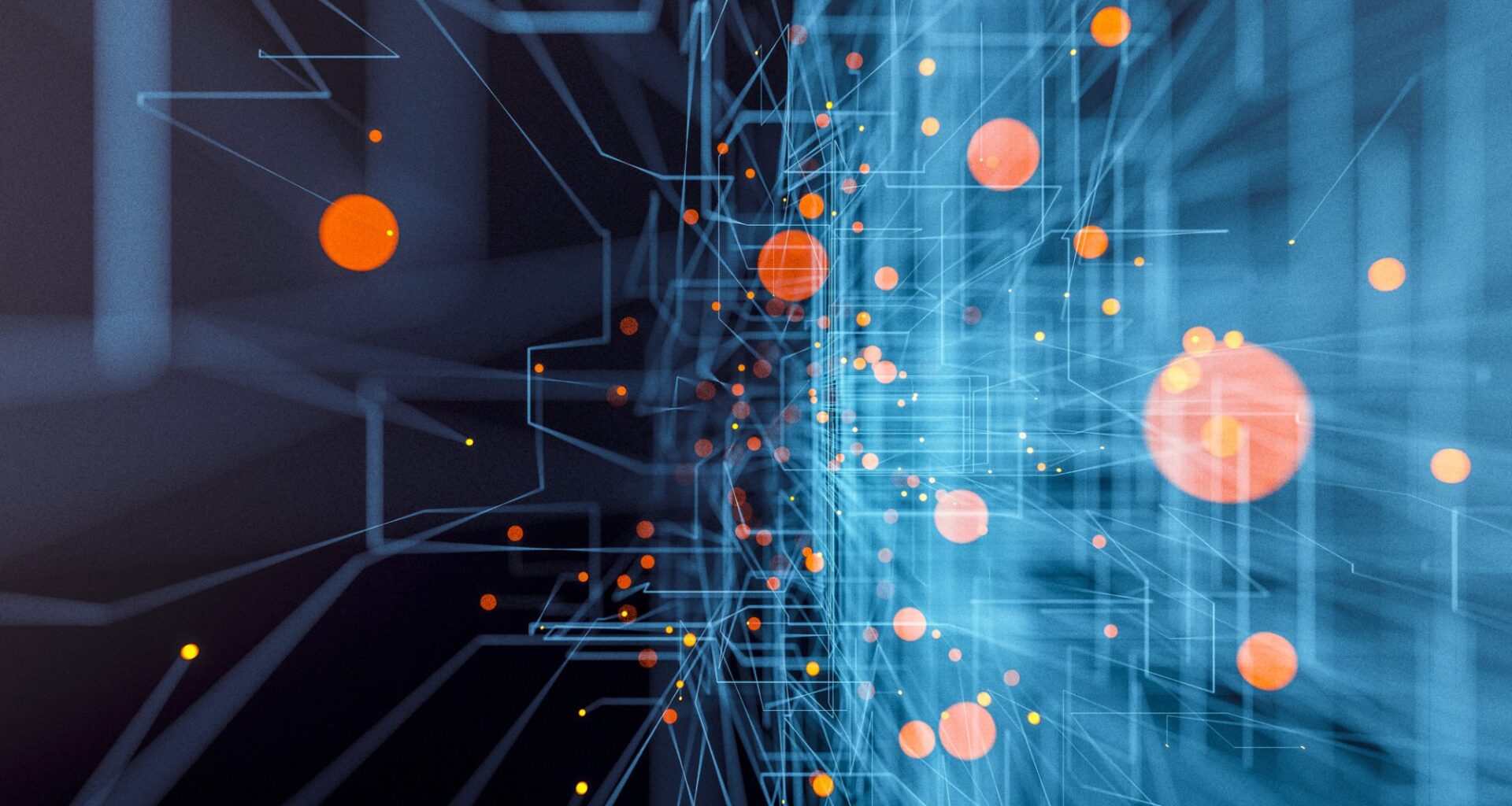 Background of glowing abstract lines and spheres.