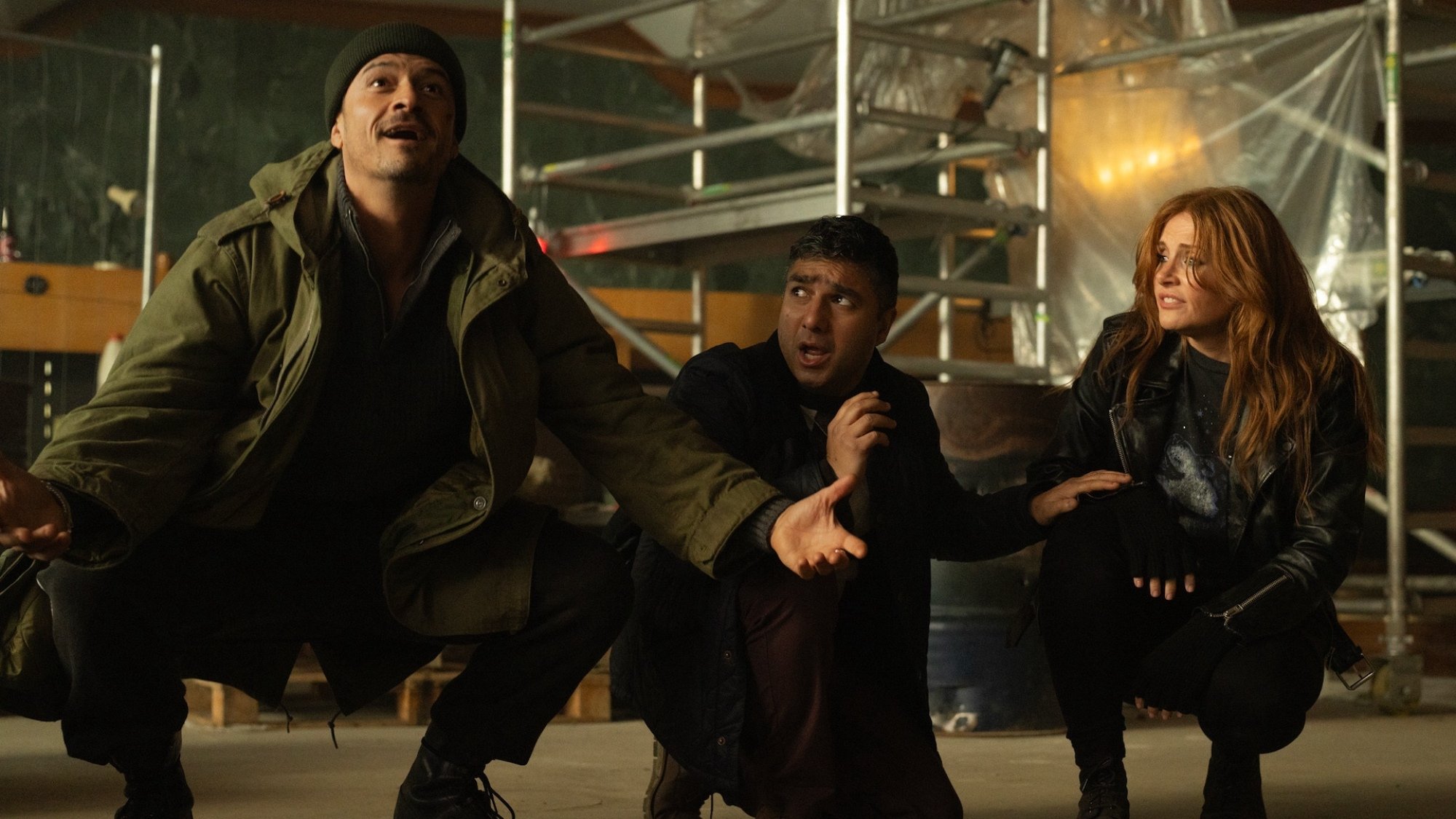 Orlando Bloom, Nick Mohammed, and Bryce Dallas Howard in 