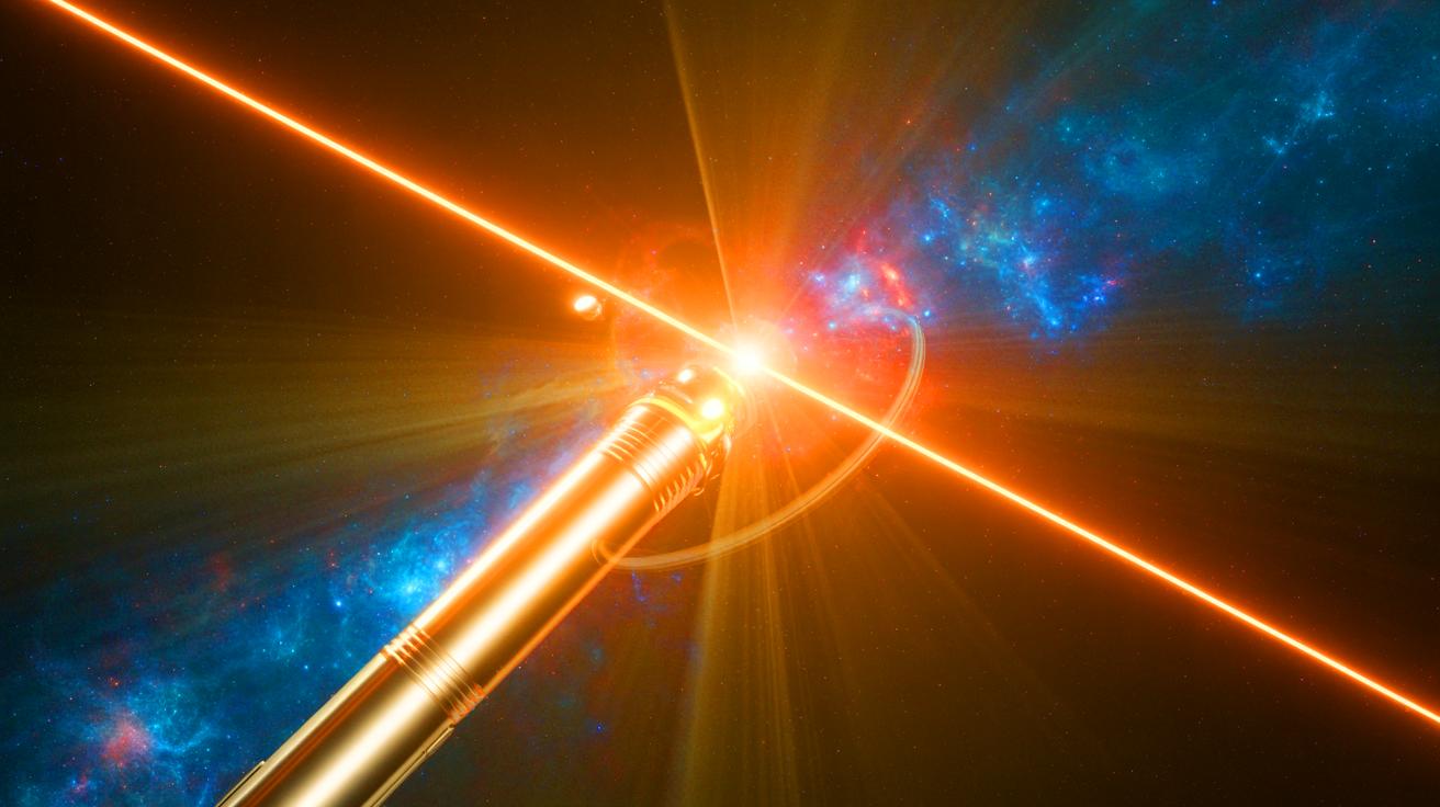 Illustration of light emerging from a quantum vacuum disturbed by powerful lasers. Image generated by AI.
