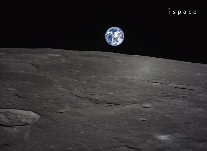 A view of Earth rising above the gray, cratered lunar surface under a black sky, with the word "ispace" in the upper right corner.