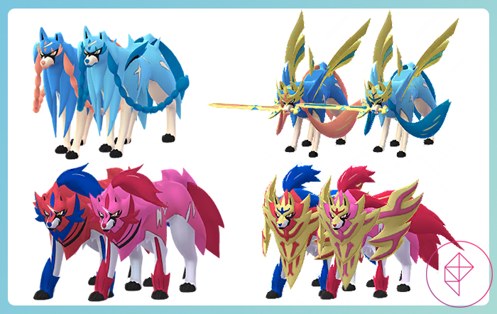 Shiny Zacian and Zamazenta in Pokémon Go with both of their forms. Both shinies turn pink.