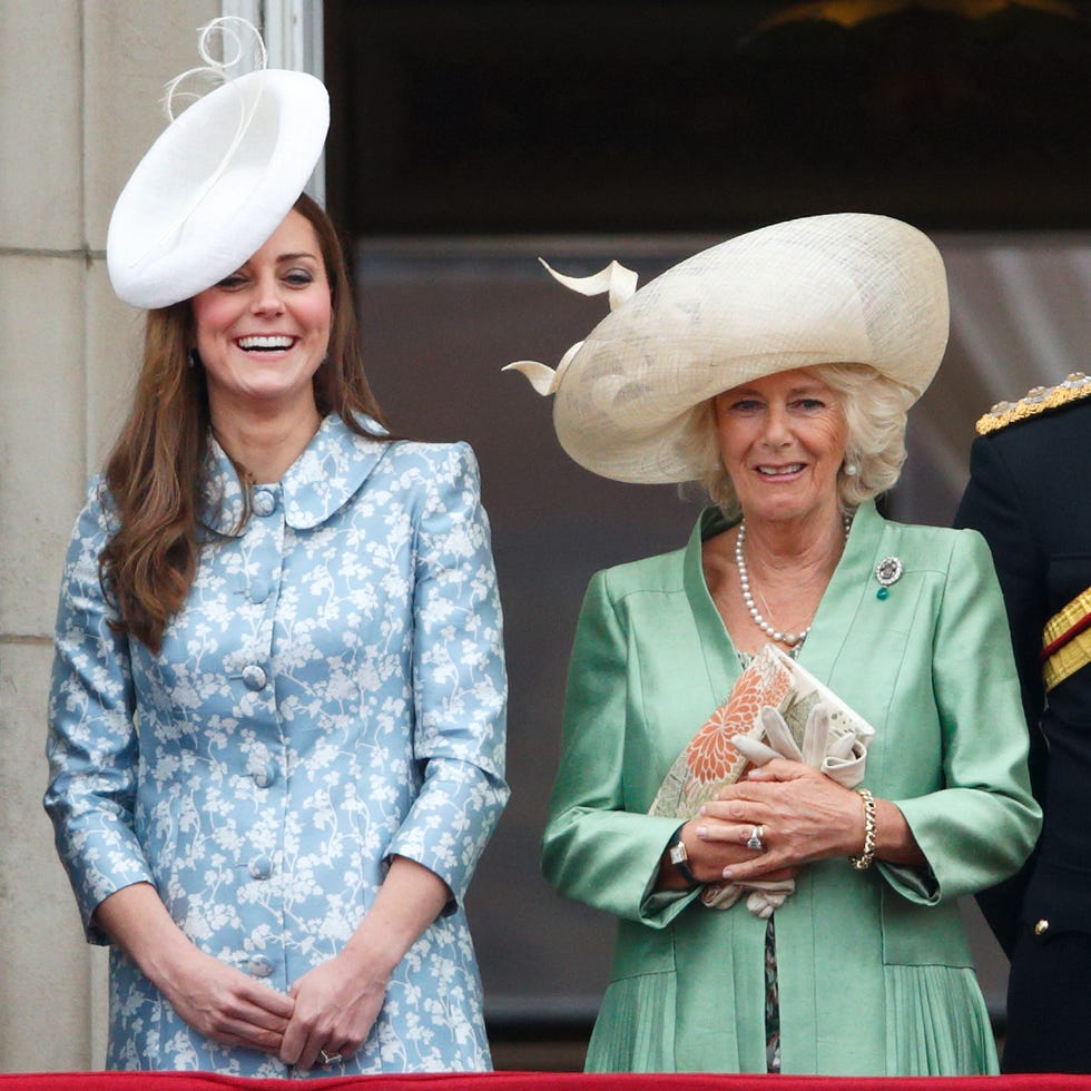 london, united kingdom june 13: (embargoed for publication in uk newspapers until 48 hours after create date and time) catherine, duchess of cambridge and camilla, duchess of cornwall stand on the balcony of buckingham palace during trooping the colour on june 13, 2015 in london, england. the ceremony is queen elizabeth iis annual birthday parade and dates back to the time of charles ii in the 17th century, when the colours of a regiment were used as a rallying point in battle. (photo by max mumby/indigo/getty images)