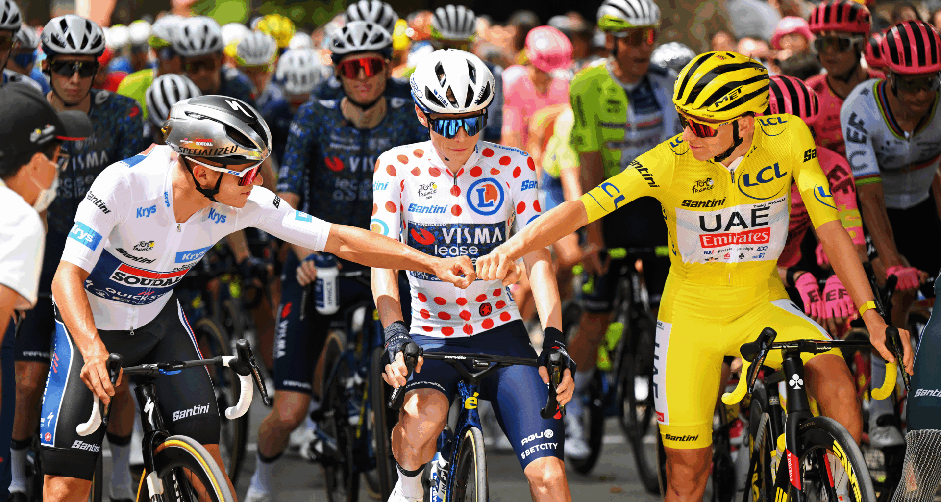 SAINT-PAUL-TROIS-CHATEAUX, FRANCE - JULY 17: (L-R) Remco Evenepoel of Belgium and Team Soudal Quick-Step - White best young jersey, Jonas Vingegaard Hansen of Denmark and Team Visma