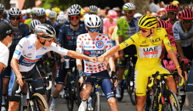 SAINT-PAUL-TROIS-CHATEAUX, FRANCE - JULY 17: (L-R) Remco Evenepoel of Belgium and Team Soudal Quick-Step - White best young jersey, Jonas Vingegaard Hansen of Denmark and Team Visma