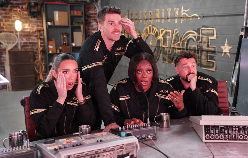 Four people reacting to something on a television show.
