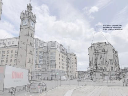 Illustration of Glasgow's Mercat building redevelopment into 44 studio flats with a rooftop garden.