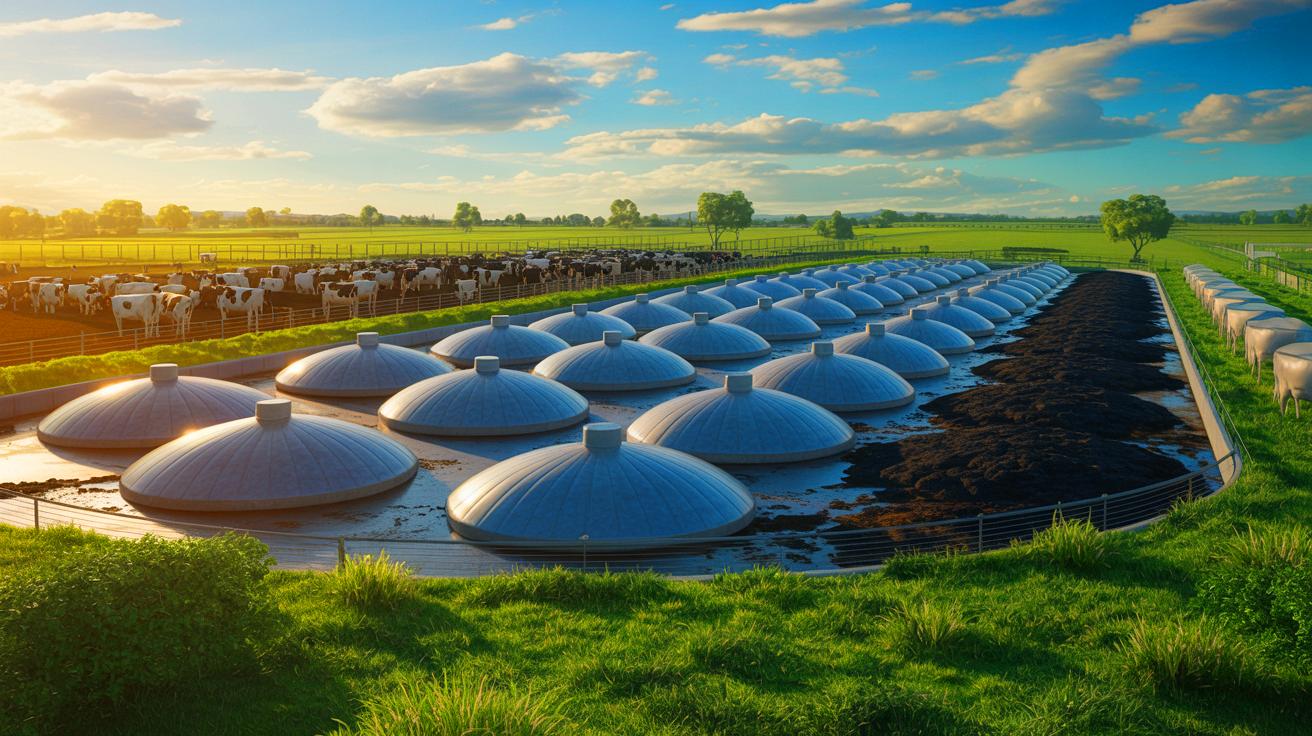 Illustration of a dairy farm using digesters to reduce methane emissions. Image generated by AI.