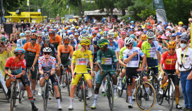 EMBRUN FRANCE JULY 19 LR Victor Campenaerts of Belgium and Team Lotto Dstny Jonas Vingegaard Hansen of Denmark and Team Visma Lease a Bike Polka Dot Mountain Jersey Tadej Pogacar of Slovenia and UAE Team Emirates Yellow Leader Jersey Biniam Girmay of Eritrea and Team Intermarche Wanty Green Sprint Jersey Remco Evenepoel of Belgium and Team Soudal QuickStep White Best Young Rider Jersey and Tobias Halland Johannessen of Norway and Team UnoX Mobility prior to the 111th Tour de France 2024 Stage 19 a 1446km stage from Embrun to Isola 2000 2022m UCIWT on July 19 2024 in Embrun France Photo by Tim de WaeleGetty Images