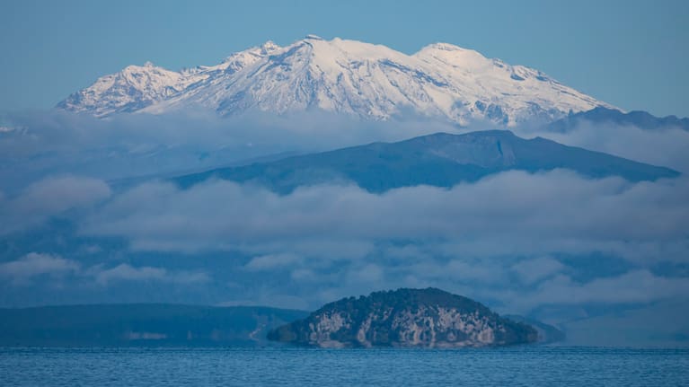 Mt Ngauruhoe and Mt Ruapehu view from Lake Taupo