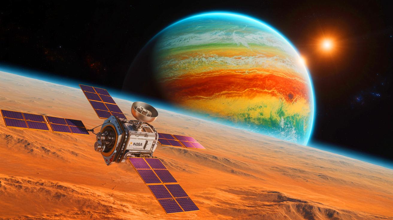 Illustration of NASA's Gravity Imaging Radio Observer mapping an exoplanet's interior. Image generated by AI.