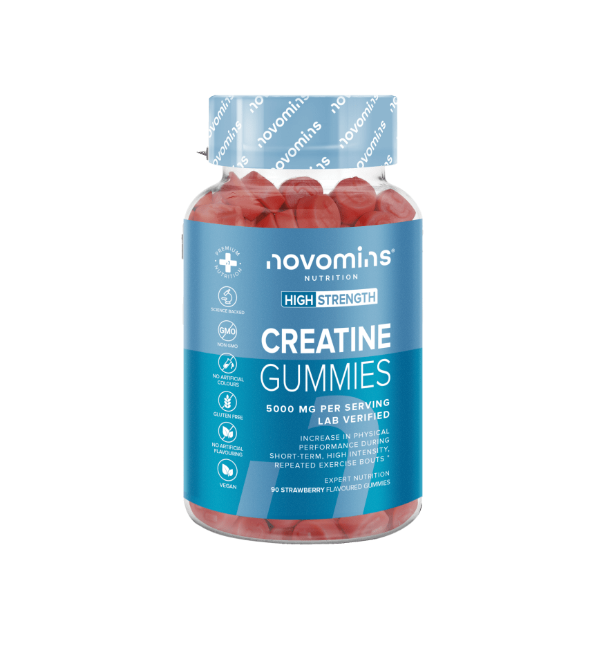 Jar of Novomins high-strength creatine gummies.