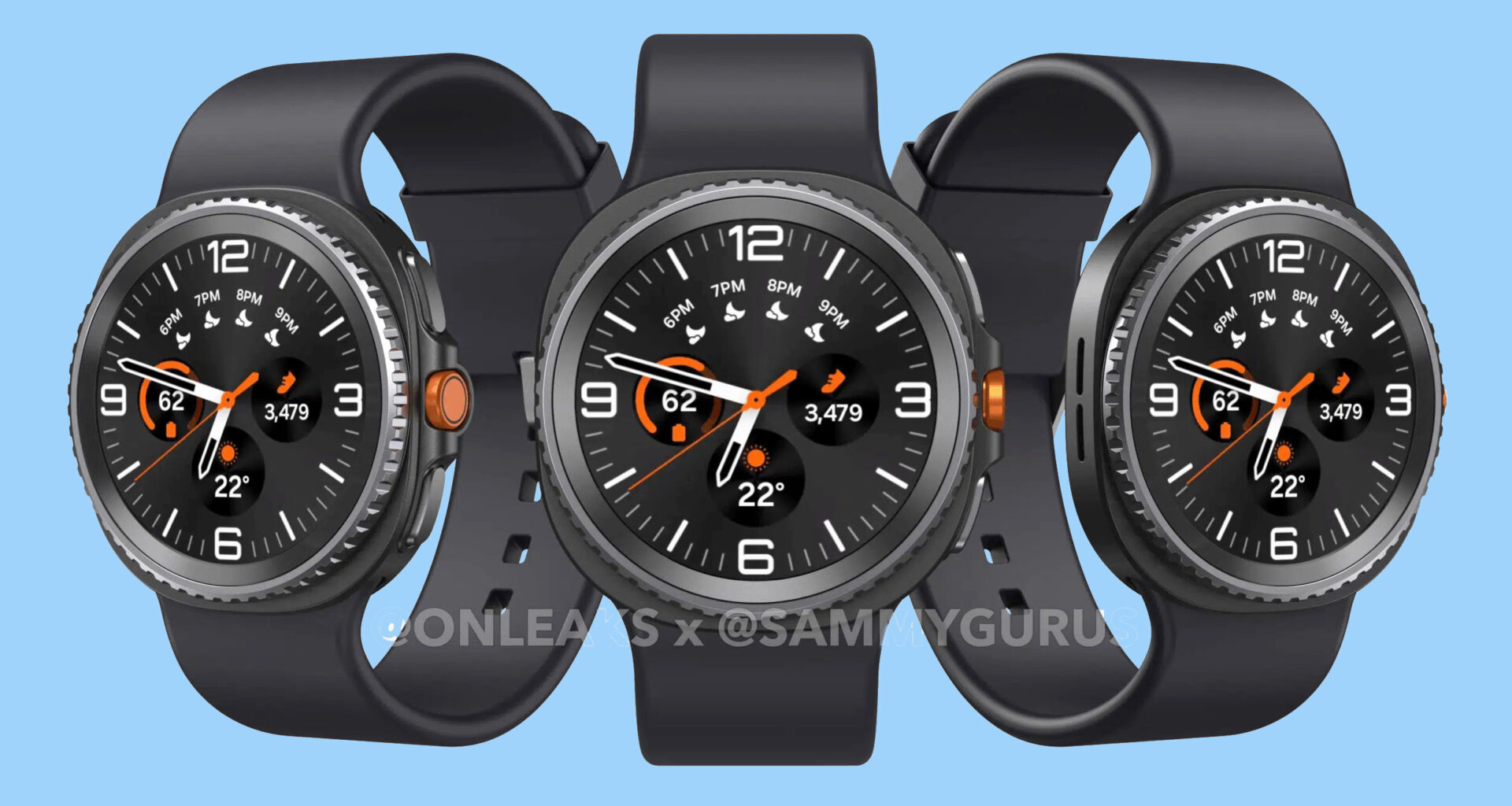 Renders of the Samsung Galaxy Watch 8 Classic on a blue background
