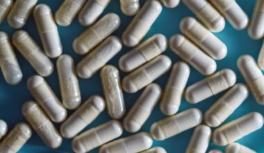many supplement capsules scattered on a blue background