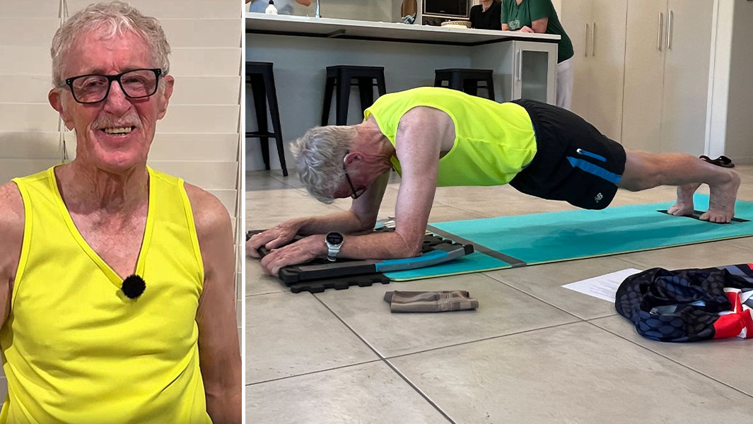 Split image of Maynard talking to the camera and holding the abdominal plank