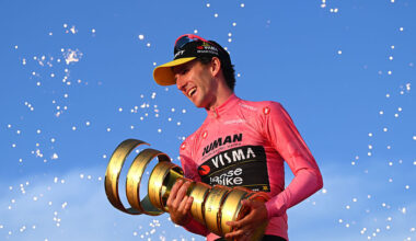 ROME ITALY JUNE 01 Simon Yates of Great Britain and Team Visma Lease a Bike celebrates at podium as Pink Leader Jersey winner with the Trofeo Senza Fine during the 108th Giro dItalia 2025 Stage 21 a 1448km stage from Rome to Rome UCIWT on June 01 2025 in Rome Italy Photo by Tim de WaeleGetty Images