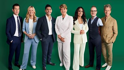 left to right Tim Henman, Gigi Salmon, Qasa Alom, Clare Balding, Isa Guha, Andy Stevenson and Andrew Castle smiling to camera
