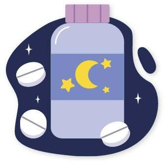Illustration of a pill bottle with stars and a crescent moon on the label, with floating pills alongside it against a dark blue background.