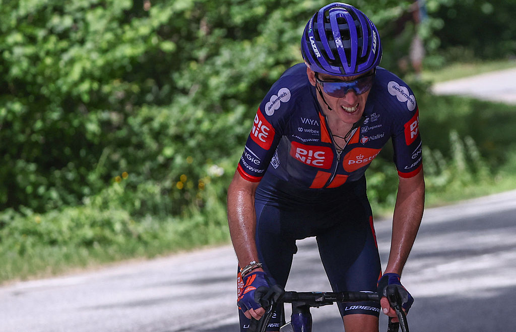 Team Picnic PostNL's French rider Romain Bardet cycles in a breakaway during the 7th stage of the 77th edition of the Criterium du Dauphine cycling race, 131,6 km between Grand-Aigueblanche and Valmeinier, on June 14, 2025. (Photo by Anne-Christine POUJOULAT / AFP) (Photo by ANNE-CHRISTINE POUJOULAT/AFP via Getty Images)