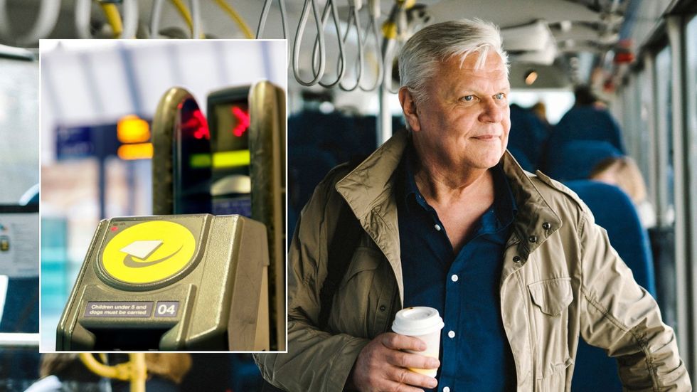 Pensioner on bus and train station barrier