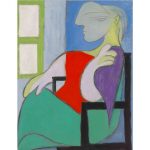Pablo Picasso, 'Femme assise près d'une fenêtre (Marie-Thérèse)', 1932. An abstracted woman sits in a chair, her gaze directed at the viewer. Behind her is a window.