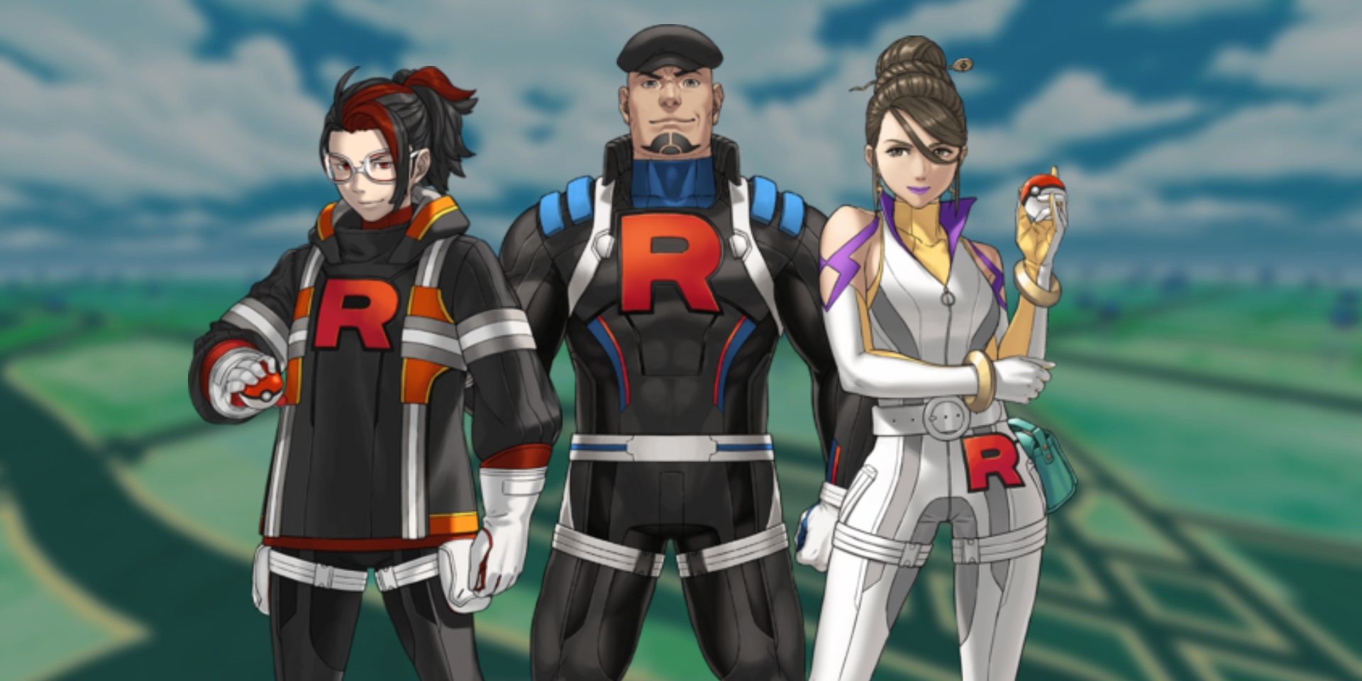 Pokemon GO's Team GO Rocket Leaders Arlo, Cliff, and Sierra, with the blurred-out Pokémon GO map in the background.