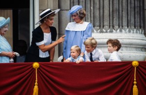 LONDON - JUNE 16: Queen Elizabeth the Queen Mother, Princess Michael of Kent, Princess Diana, Prince William, Peter Phillips and Lord Frederick Windsor on the balcony of Buckingham Palace for Trooping The Colour on June 16, 1984. (Photo by David Levenson/Getty Images)