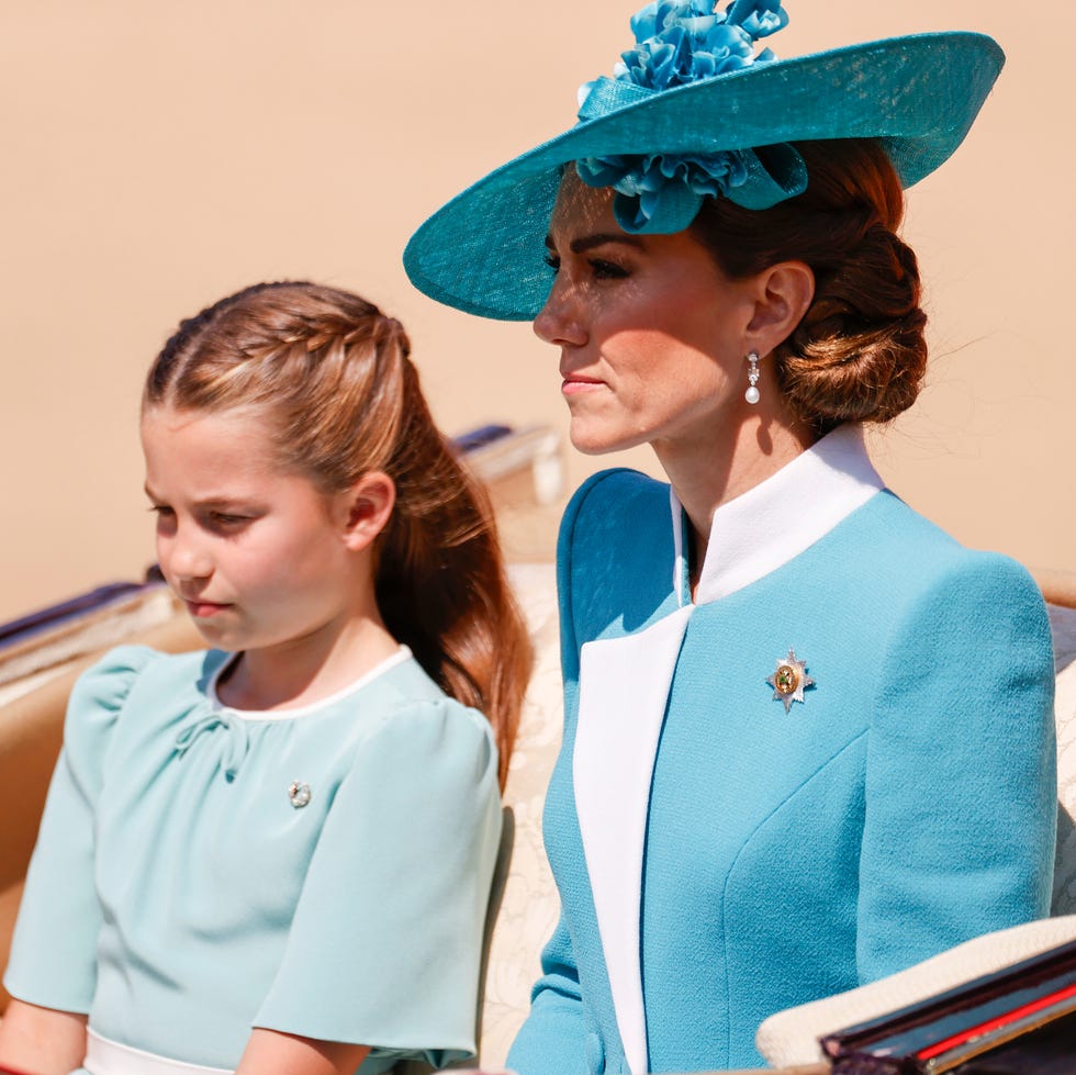 london, england june 14: princess charlotte of wales and catherine, princess of wales arrive at trooping the colour 2025 at buckingham palace on june 14, 2025 in london, england. trooping the colour is a ceremonial parade celebrating the official birthday of the british monarch. the event features over 1,400 soldiers and officers, accompanied by 200 horses. more than 400 musicians from ten different bands and corps of drums march and while performing. (photo by john phillips/getty images)