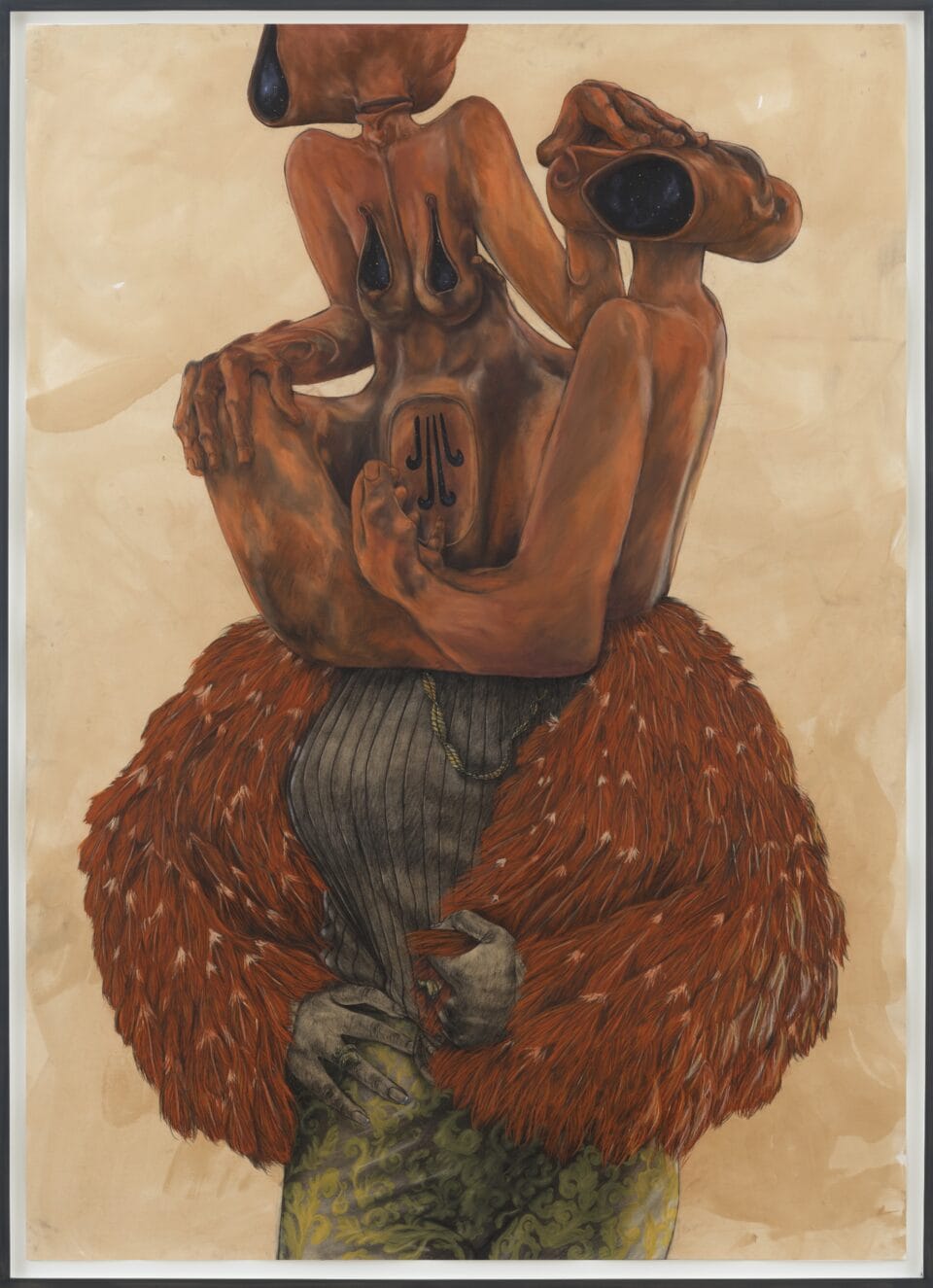 a woman standing with a ceramic headdress