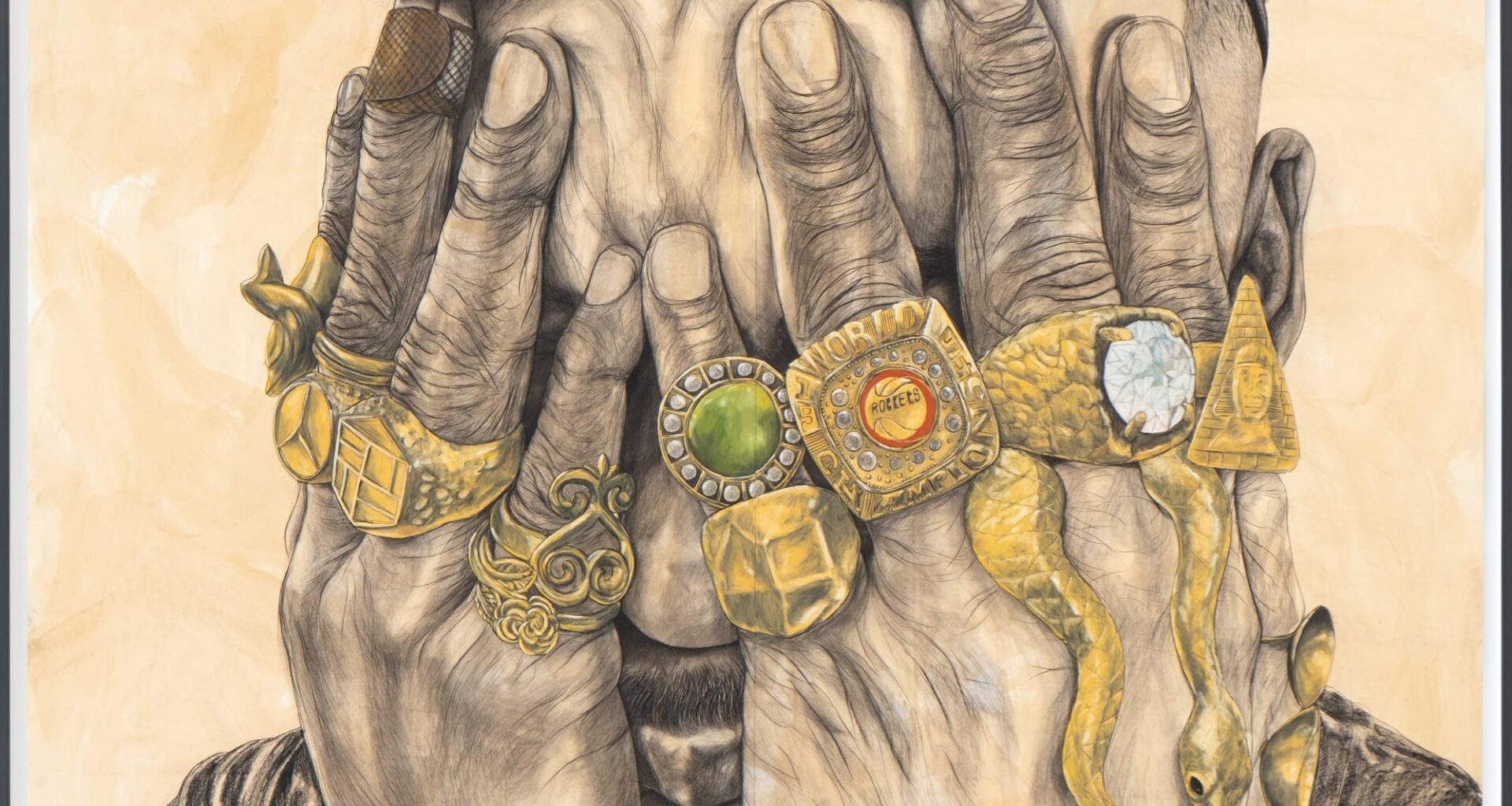a man holds his hands over his eyes and each finger has a big gold ring with gems