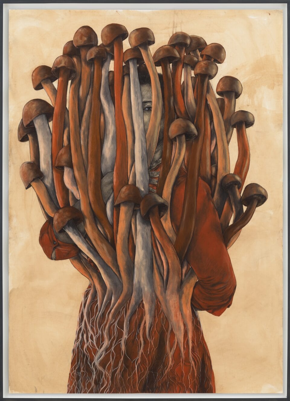 a portrait of a woman surrounded by thin, spindly mushrooms