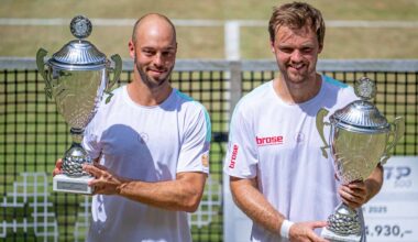 Tim Puetz and Kevin Krawietz celebrate their Halle victory. The Germans have won three titles together on home soil.
